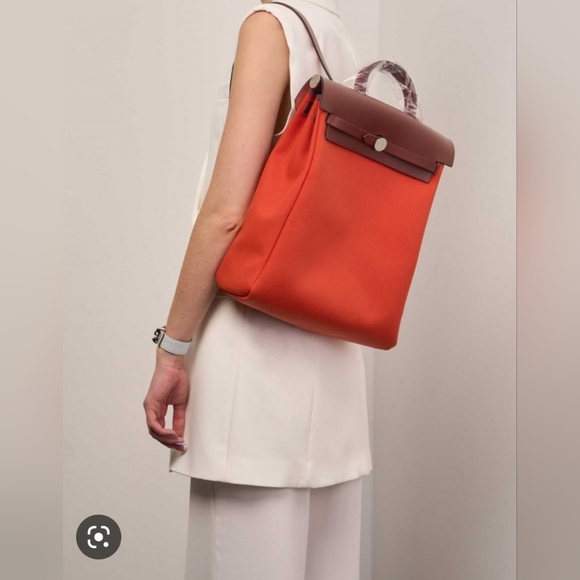 Auth HERMES Her Bag Ado PM 2-Wy Backpack Orange/Red/Dark Brown Canvas - Picture 13 of 16